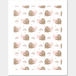 Sloth Rainbow And Hearts Pattern Posters and Art